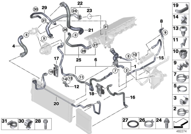 2013 BMW 640i Thermostat Inlet Water Hose Diagram for 11537605432