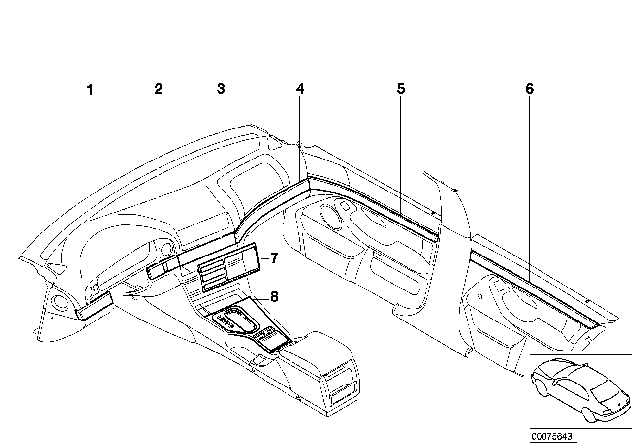 2001 BMW 525i Retrofit, Interior Mouldings, Matt Chrome Diagram