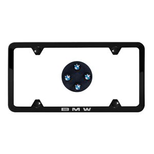 BMW 82122456416 Black Slimline Plate Frame and Logo Black Valve Stem Caps