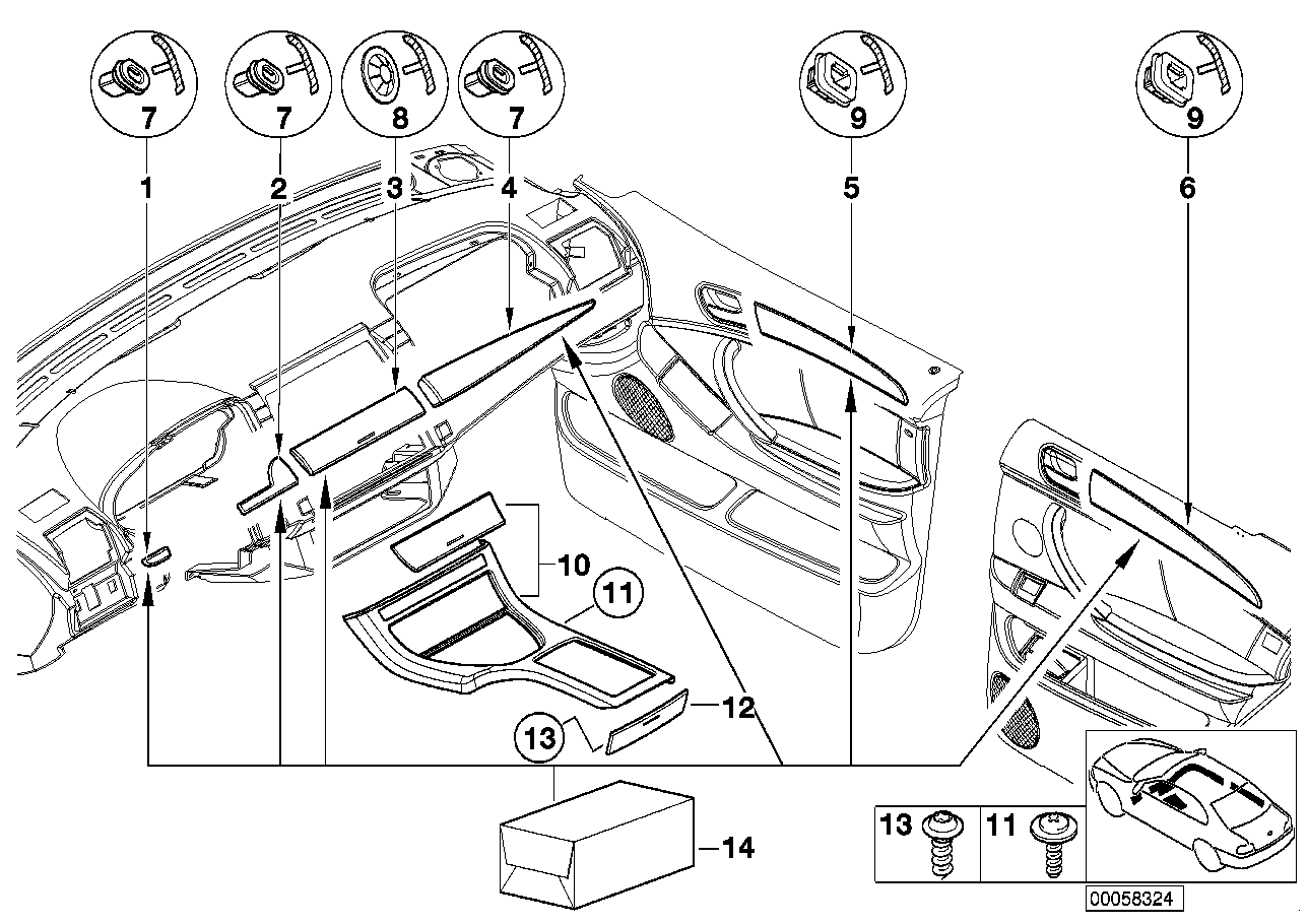 BMW 51427896486 Poplar Wooden Strip, Door Rear Right