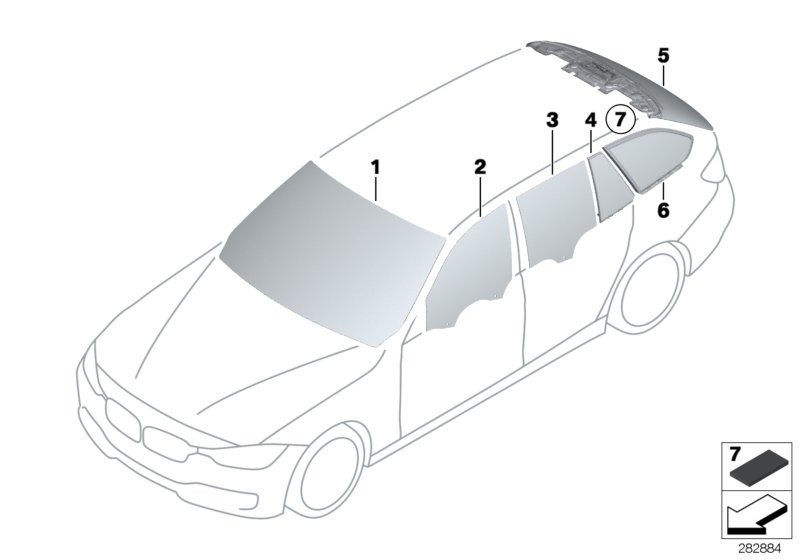 BMW 51332458072 DOOR WINDOW, FRONT RIGHT