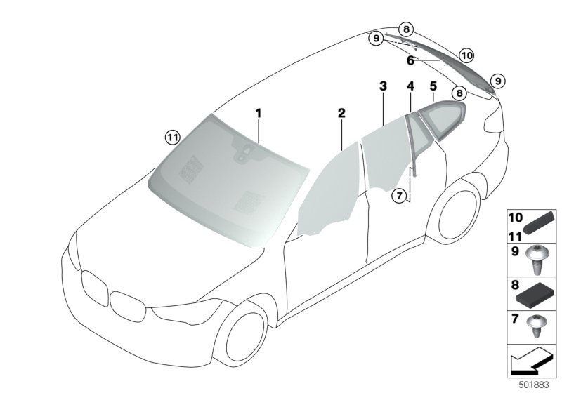 BMW 51377405604 Side Window, Fixed, Door, Rear Right