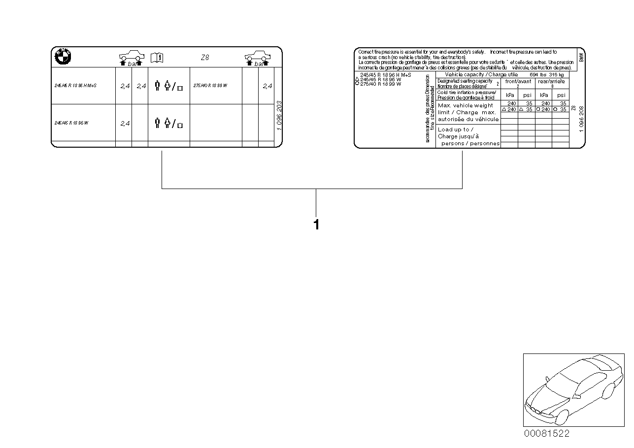 BMW 71212122564 Label "Tire Pressure"