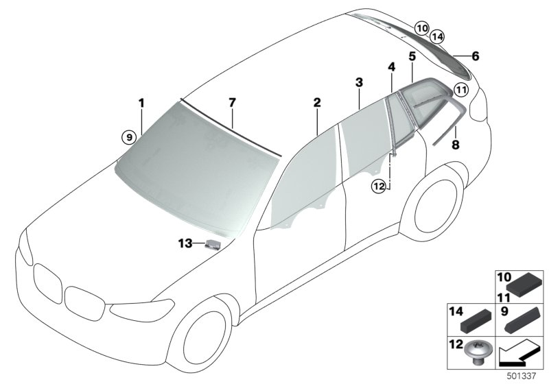 BMW 51357388833 Side Window, Fixed, Door, Rear Left