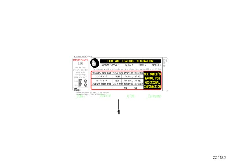 BMW 71246897834 LABEL "TIRE PRESSURE"