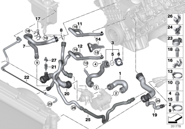 2008 BMW 528xi Cooling System Coolant Hoses Diagram 1