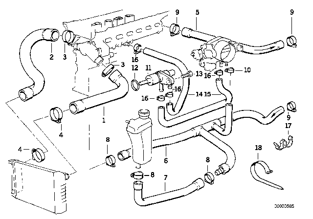 1994 BMW 320i Cooling System - Water Hoses Diagram