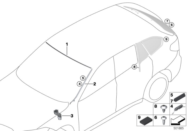 2018 BMW X2 Glazing, Mounting Parts Diagram