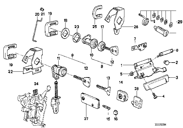 1985 BMW 524td Door Handle Front / Lock / Key Diagram