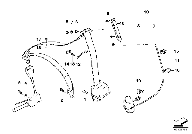 1999 BMW 540i Front Safety Belt Mounting Parts Diagram