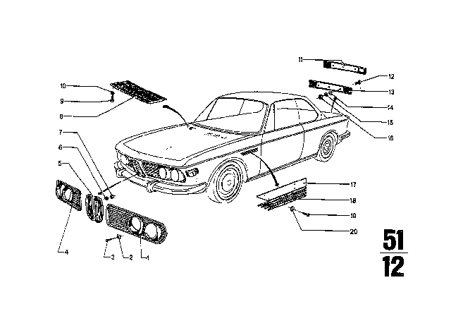 1971 BMW 3.0CS Exterior Trim / Grille Diagram