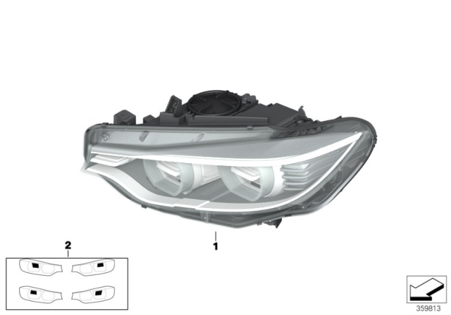 2016 BMW 435i Gran Coupe Headlight Bi Xenon Adaptive Right Diagram for 63117377854