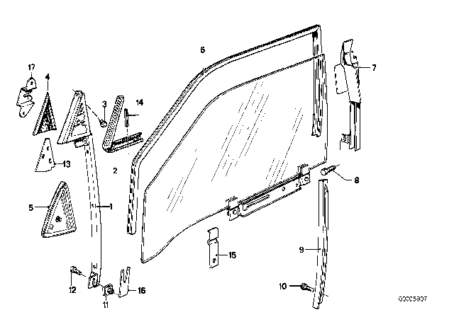 1981 BMW 733i Window Guide Diagram 1