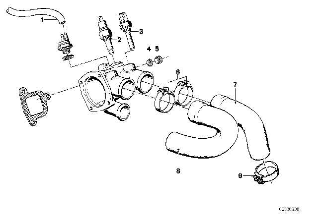 1979 BMW 528i Cooling System - Thermostat / Water Hoses Diagram 3