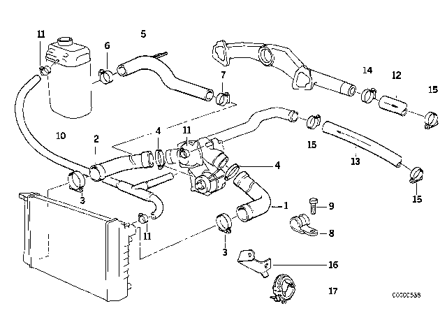 1992 BMW 850i Engine Thermostat Water Hose Diagram for 11531741412