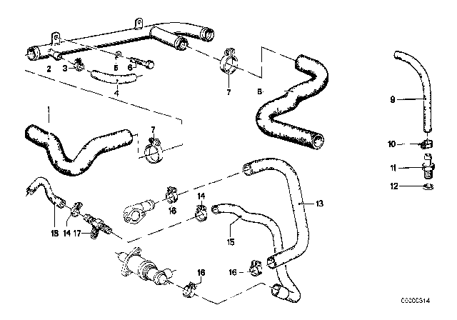 1979 BMW 633CSi Cooling System - Water Hoses Diagram 2