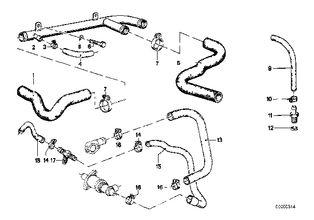 1977 BMW 630CSi Cooling System - Water Hoses Diagram 1