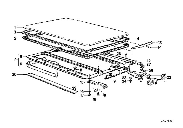 1986 BMW 528e Slide Lifting Roof-Cover / Ceiling Frame Diagram