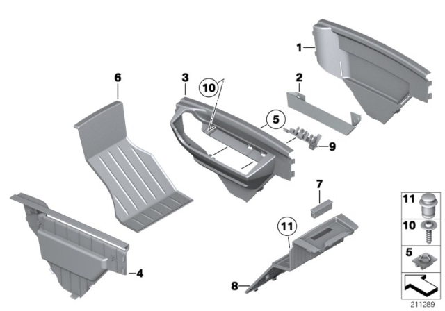 2011 BMW 535i GT xDrive Center Console Storing Partition Diagram