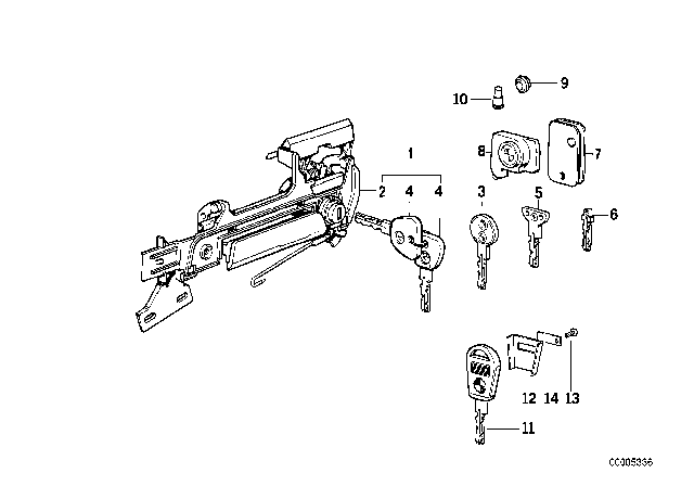 1991 BMW 735i Door Handle Front / Lock / Key Diagram