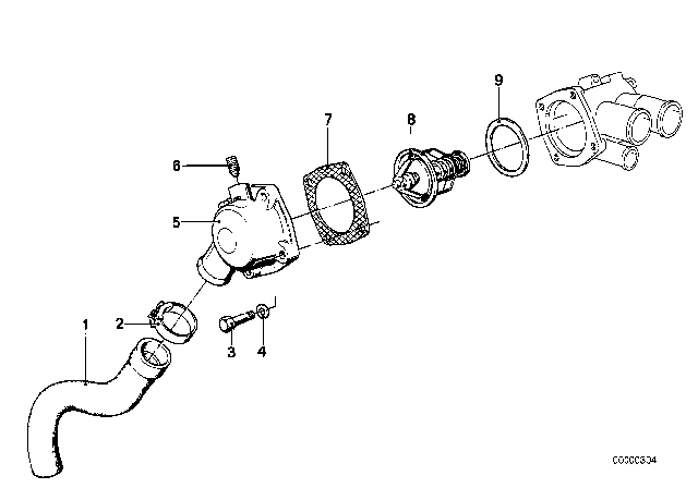 1975 BMW 530i Cooling System - Thermostat / Water Hoses Diagram 1
