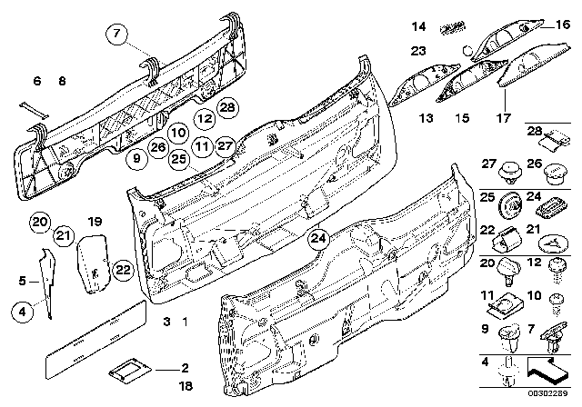 2002 BMW 540i Lower Tail Lid Trim Panel Diagram