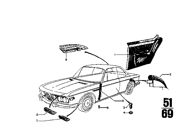 1974 BMW 3.0CS Edge Protection Diagram for 51727770025