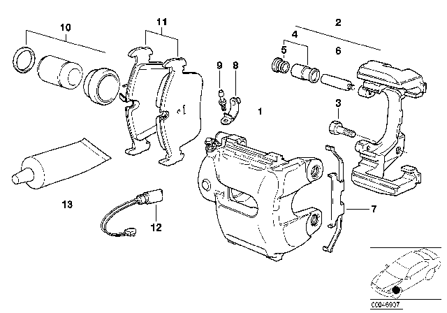 2001 BMW M3 Front Wheel Brake, Brake Pad Sensor Diagram