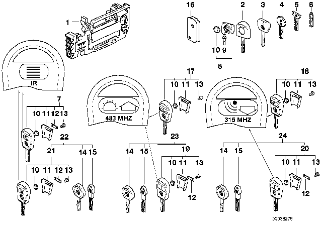 1996 BMW 840Ci Door Handle Front / Lock / Key Diagram