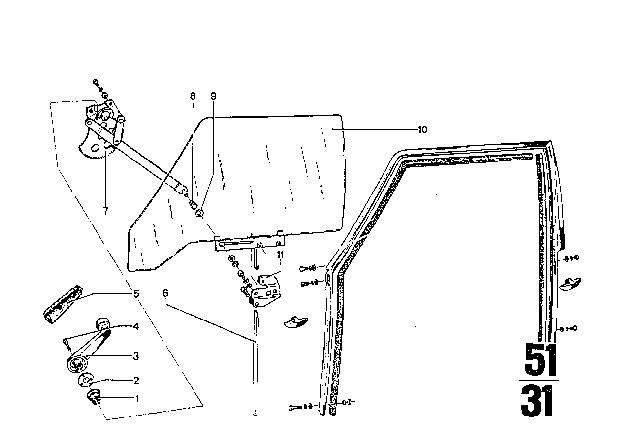 1976 BMW 3.0Si Door Window Diagram 1