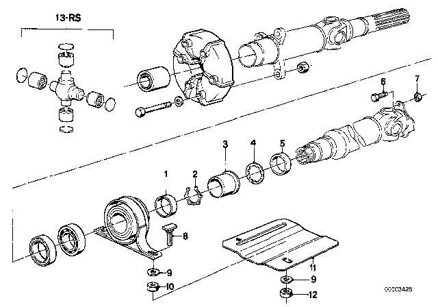 1975 BMW 530i Drive Shaft Attaching Parts Center Bearing Diagram