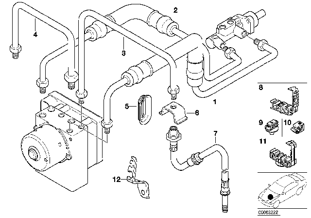 2000 BMW 323i Brake Pipe Front ABS/ASC+T Diagram