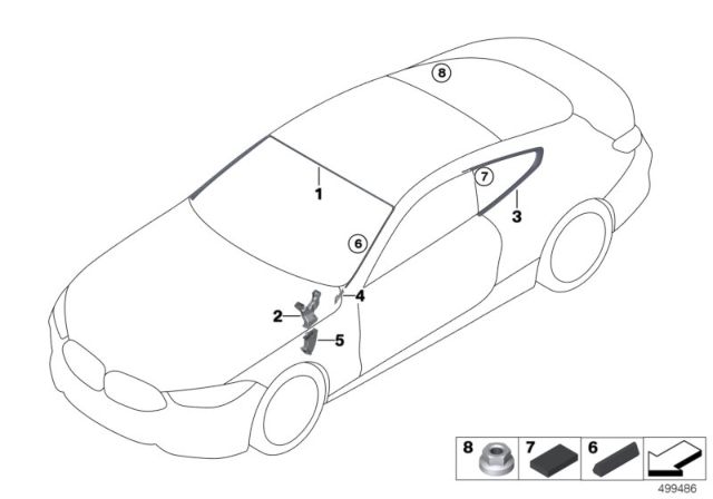 2020 BMW 840i xDrive Glazing, Mounting Parts Diagram