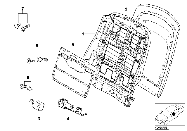 2002 BMW X5 Front Seat Backrest Frame / Rear Panel Diagram 1