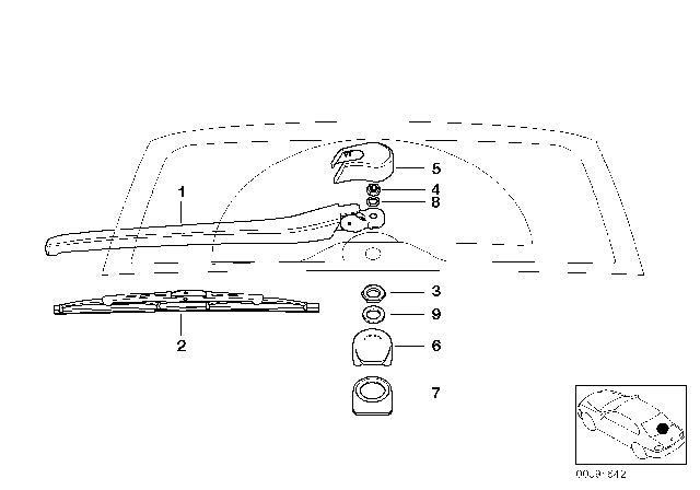 2000 BMW 323i Single Parts, Rear Window Wiper Arm Diagram