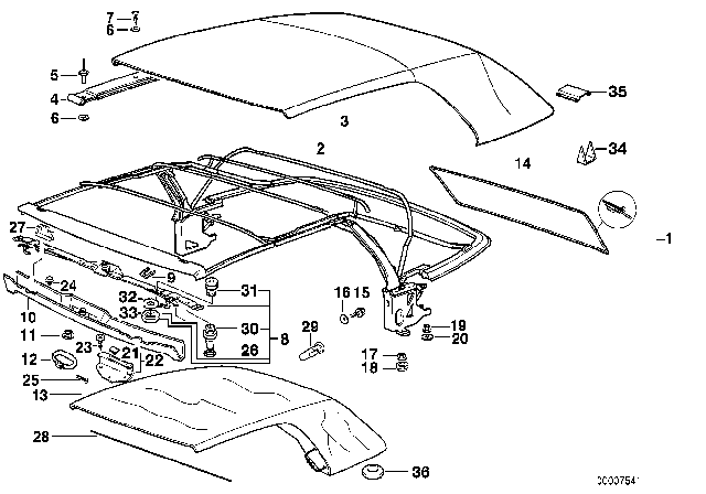 1996 BMW 328i Manual / Electromechanical Semiautomatic Folding Top Diagram