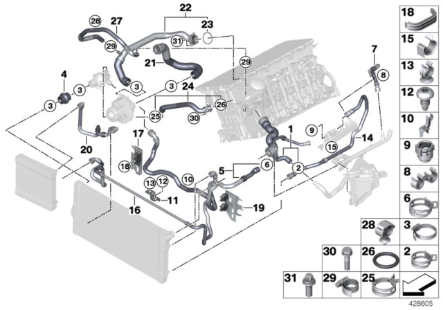 2015 BMW 535i xDrive Cooling System Coolant Hoses Diagram 1