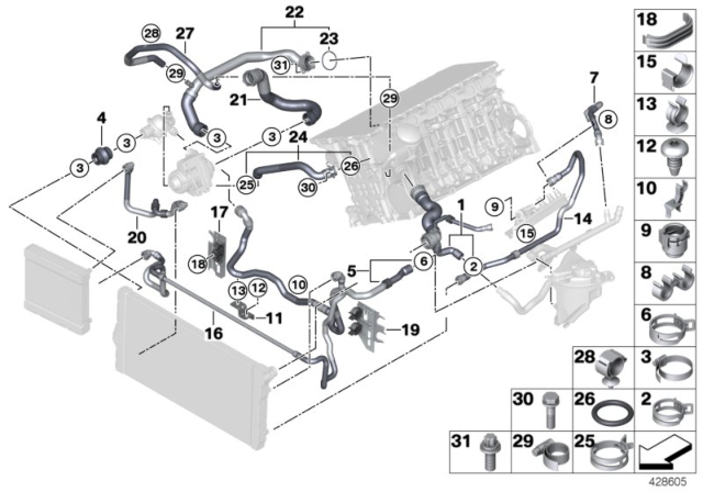 2014 BMW ActiveHybrid 5 Cooling System Coolant Hoses Diagram 1