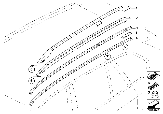 2012 BMW X5 Roof Moulding / Roof Rail Diagram