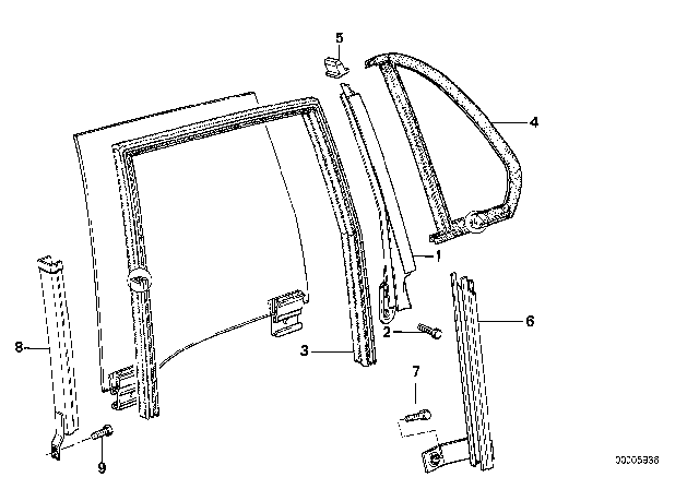 1989 BMW 325i Right One-Piece Window Guide Diagram for 51341906808