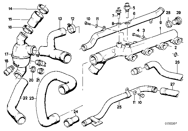 1989 BMW M3 Cooling System - Thermostat / Water Hoses Diagram
