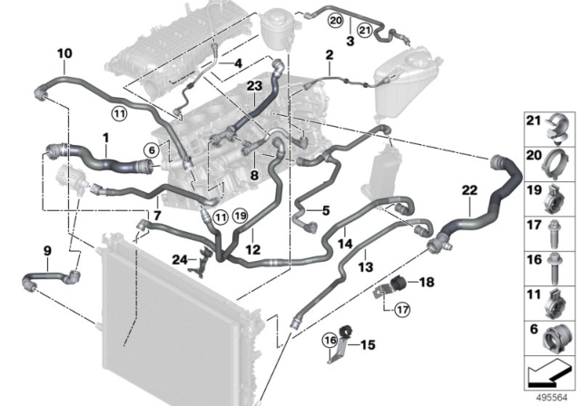 2018 BMW 540i Cooling System Coolant Hoses Diagram