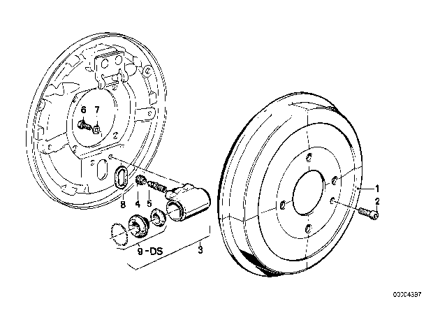 1985 BMW 318i Drum Brake - Brake Drum / Wheel Brake Cylinder Diagram