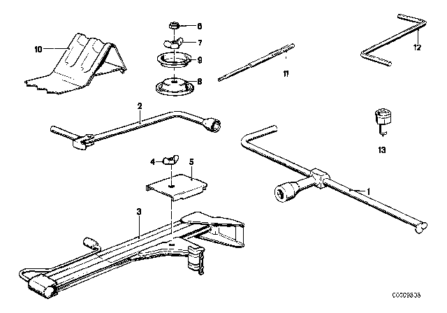 1976 BMW 530i Tool Kit / Lifting Jack Diagram