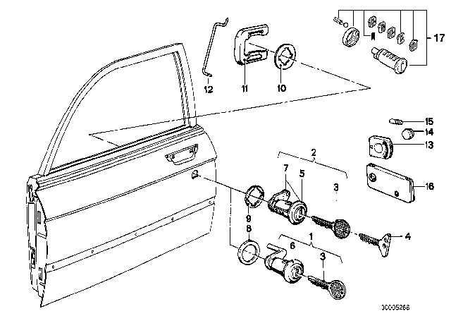 1977 BMW 530i Door Handle Front / Lock / Key Diagram