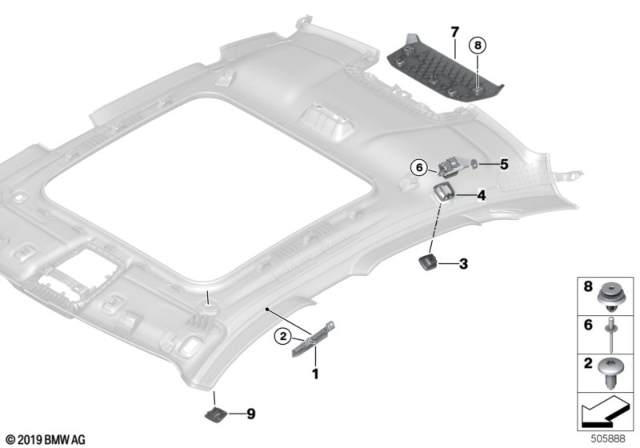 2020 BMW 228i xDrive Gran Coupe Mounting Parts, Roofliner Diagram