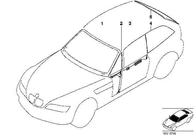 2001 BMW Z3 Side Window Green Right Diagram for 51328399016