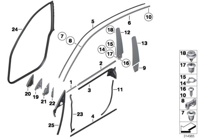 2014 BMW 535i GT xDrive Trims And Seals, Door Diagram 1