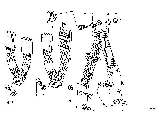 1986 BMW 535i Rear Safety Belt Mounting Parts Diagram