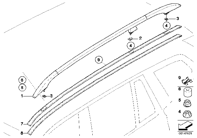 2007 BMW X3 Roof Moulding / Roof Rail Diagram